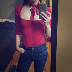 FLEUR DU MAL Red tie neck bodysuit Small